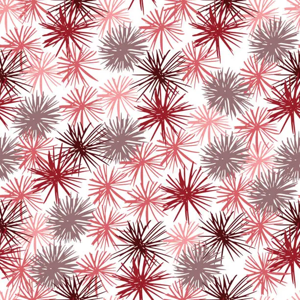 Vector illustration of Seamless pattern with abstract sea urchin silhouettes. Isolated ocean backdrop with pink, red and maroon color pompon elements.