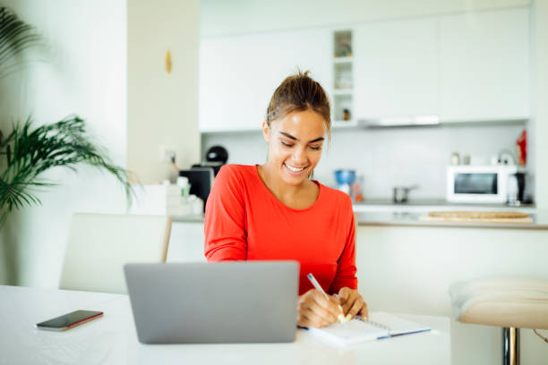 istock Happy Caucasian woman working from home 1263632872
