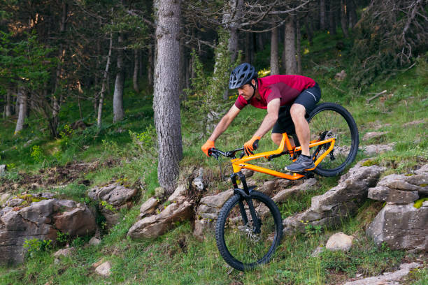 istock man going down rocks in a forest on mountain bike 1263633105