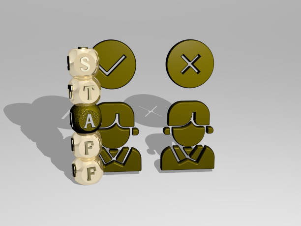 3D graphical image of STAFF vertically along with text built around the icon by metallic cubic letters from the top perspective. excellent for the concept presentation and slideshows representación 3d de staff con icono en la pared y texto dispuesto por letras cúbicas metálicas en un piso de espejo para el significado conceptual y la presentación de la presentación de la presentación de la presentación. ilustración y negocios