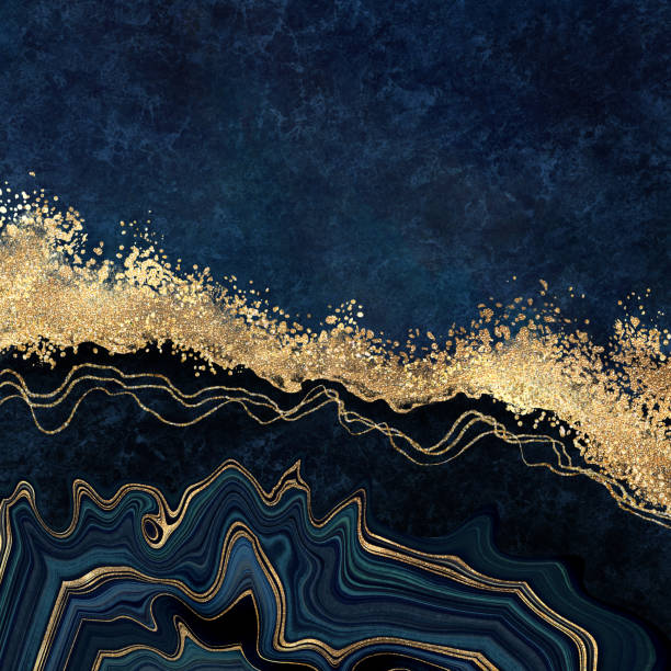 abstract dark blue background with golden foil. Artificial stone texture, fake agate, trendy marbled wallpaper, digital marbling illustration