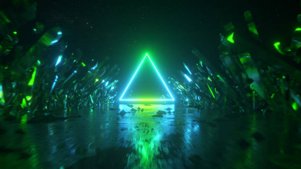 istock Flying in abstract space along crystals and rocks. Modern ultraviolet blue green neon light spectrum. Mysterious cosmic landscape, virtual reality, outer space. 3d illustration 1263637158
