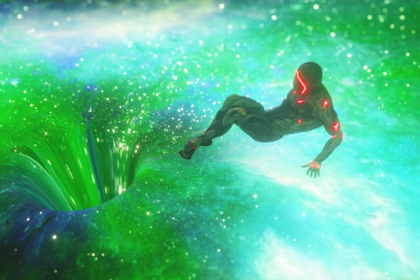 istock Abstract composition with black hole concept. An alien character is drawn into a black hole with a moving cosmic texture. 3d illustration 1263637254