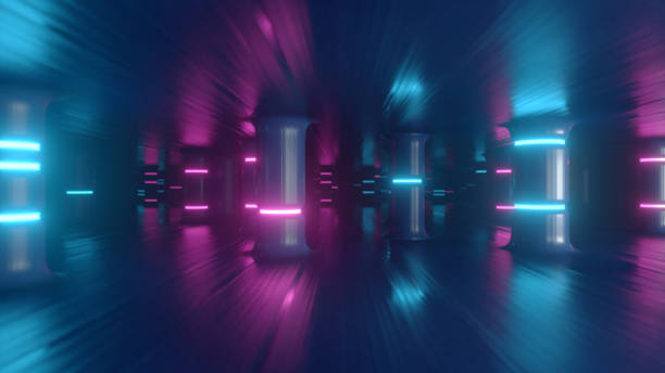 istock Fly through a futuristic corridor along neon glass pillars and columns. Modern ultraviolet neon glow. 3d illustration 1263637333
