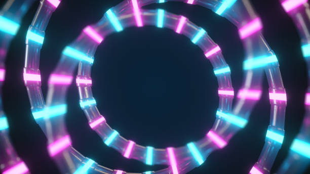 istock An abstract metallic structure with a neon glow spins in an endless loop. Modern ultraviolet blue pink light spectrum. 3d illustration 1263637364