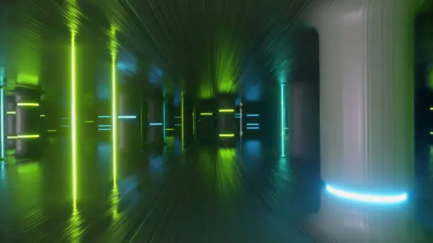 Photo of Fly through a futuristic corridor along neon glass pillars and columns. Modern ultraviolet neon glow. 3d illustration