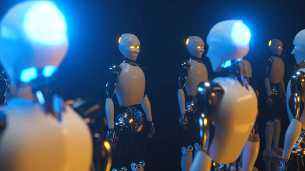 istock An endless corridor of robots facing each other. Future technology and artificial intelligence concept Blue and yellow neon glow. 3d illustration 1263637376