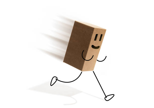 The running funny carton box on white isolated background. Concept of fast delivery.