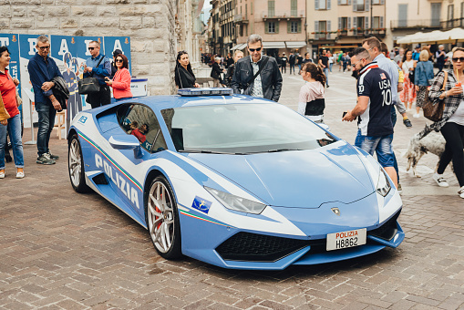 Como, Lombardy, Italy - May 25, 2019: Police Lamborghini on the street of Como city, Italian police supercar show