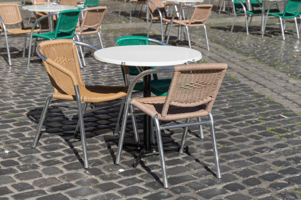empty tables and chairs outside of a restaurant in pandemic times