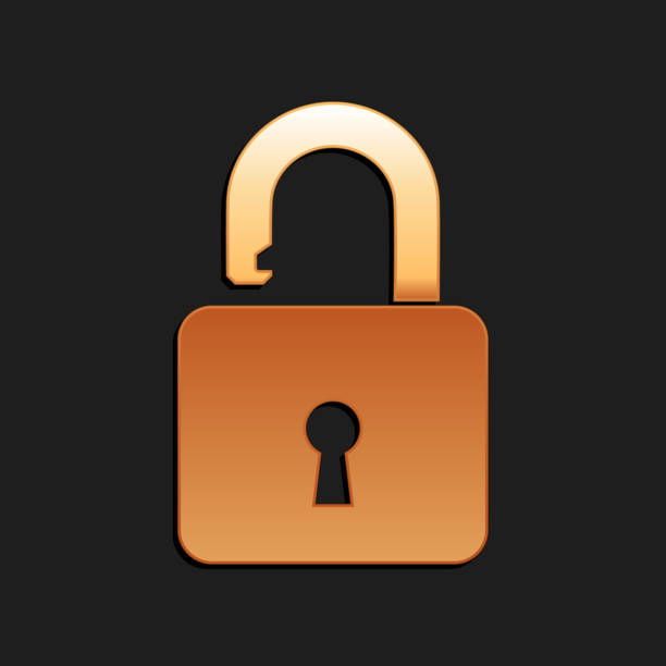 istock Gold Open padlock icon isolated on black background. Opened lock sign. Cyber security concept. Digital data protection. Safety safety. Long shadow style. Vector 1263639181