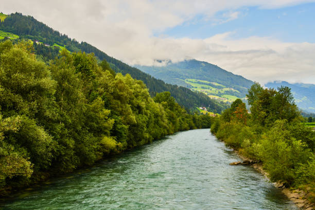 river ziller on way from stumm ahrnbach to kaltenbach surounded by trees in zillertal valley, austria - ziller photos et images de collection