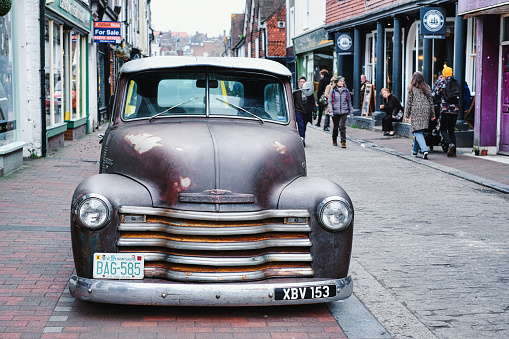 This 1950's fire truck shows it's years of rusty texture after being outside.  Original red color is now rusty orange.