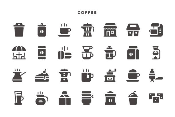 illustrazioni stock, clip art, cartoni animati e icone di tendenza di icone del caffè - glifo - cafe coffee shop sidewalk cafe menu