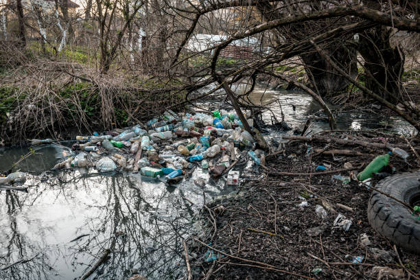different plastic garbage in the river - toxic substance spilling pouring bottle imagens e fotografias de stock