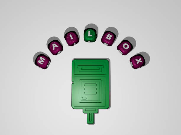 3D illustration of mailbox graphics and text around the icon made by metallic dice letters for the related meanings of the concept and presentations representación 3d del buzón de correo con icono en la pared y texto dispuesto por letras cúbicas metálicas en un piso de espejo para el significado conceptual y la presentación de la presentación de la presentación de la presentación. ilustración