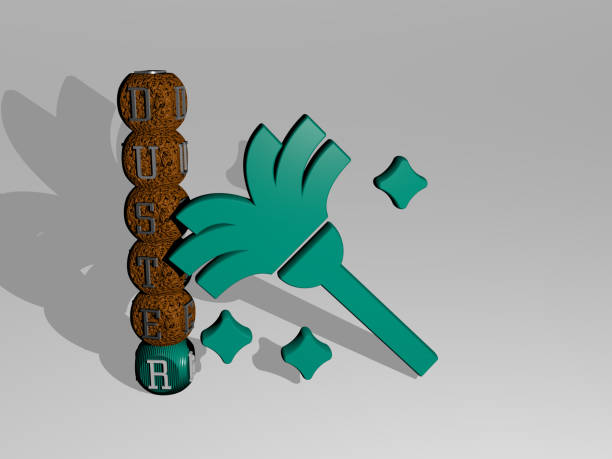 3D representation of duster with icon on the wall and text arranged by metallic cubic letters on a mirror floor for concept meaning and slideshow presentation imagen gráfica 3d de duster verticalmente junto con texto construido alrededor del icono por letras cúbicas metálicas desde la perspectiva superior. excelente para la presentación del concepto y presentaciones de diapositivas. limpieza y