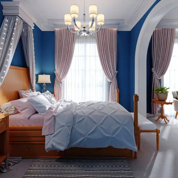 Design of a children's bedroom, four-poster bed, nightstands with table lamps. Blue, orange, white color of the interior. 3D rendering.
