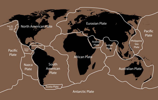 tektoniczna płyta ziemi mapy. ocean kontynentalny, płyty geografii wulkanu litosfery - ice stock illustrations