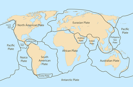 Tectonic plate earth map. Continental ocean pacific, volcano lithosphere geography plates.