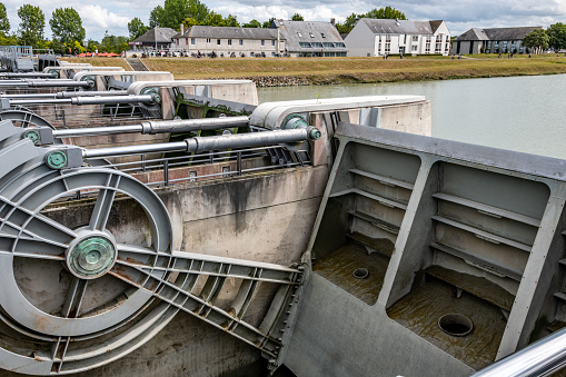 Mont St. Michel, France. Sunday 26 July 2020. Flood pretection dam near Mont St Michel in France