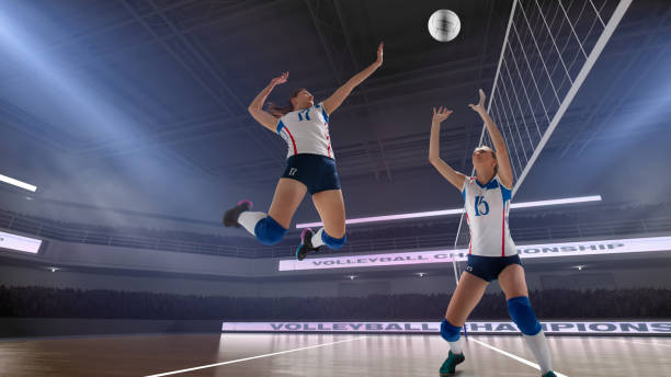 Volleyball. Female professional volleyball players in action on 3d stadium. volleyball stock pictures, royalty-free photos & images
