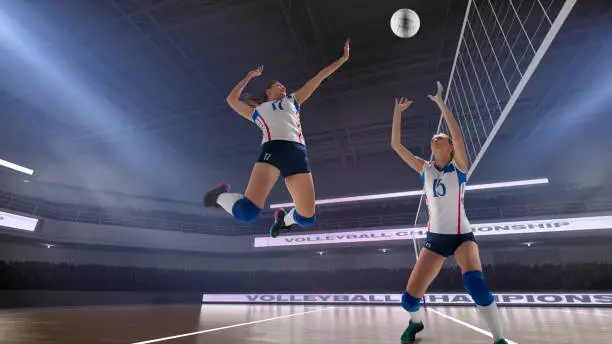 Female professional volleyball players in action on 3d stadium.