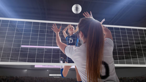 Volleyball. Female professional volleyball players in action on 3d stadium. volleyball stock pictures, royalty-free photos & images
