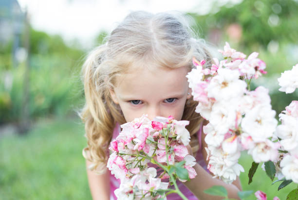 istock Little girl sniffs flowers. 1263644471