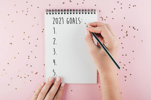 istock Happy New Year 2021. Woman's hand writing 2021 Goals in notebook 1263645072