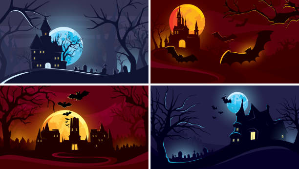 zestaw halloweenowych tła. - cemetery halloween moon spooky stock illustrations