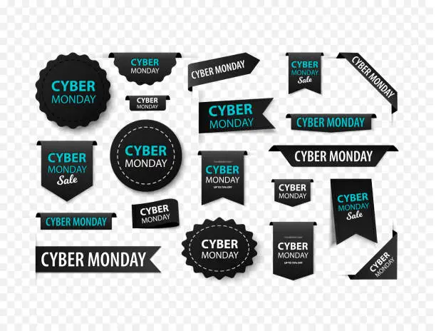 Vector illustration of Cyber monday sale tags, vector black labels isolated on white background. Cyber monday 3d ribbon banners.