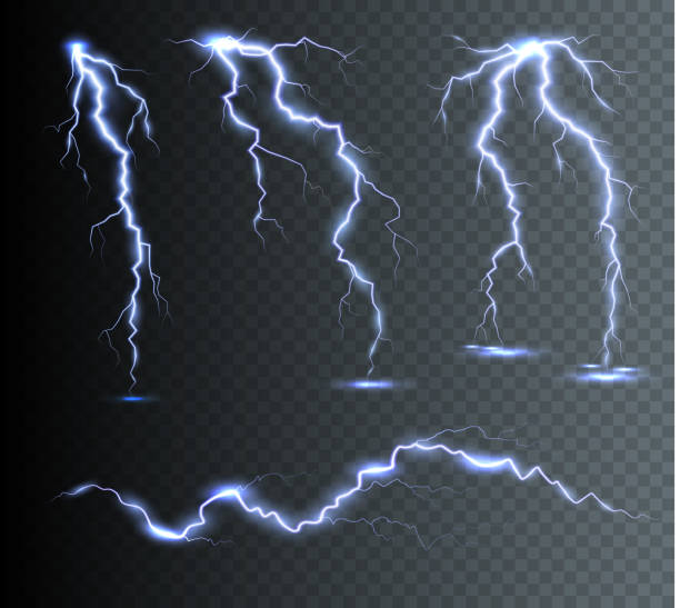 The power of lightning and shock discharge, thunder, radiance. Thunder bolts isolated. Vertical lightning bolts in the sky. Effect of glow and spark, vector art and illustration. thunderstorm stock illustrations