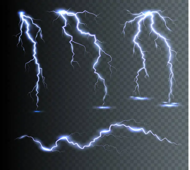 Vector illustration of The power of lightning and shock discharge, thunder, radiance. Thunder bolts isolated.