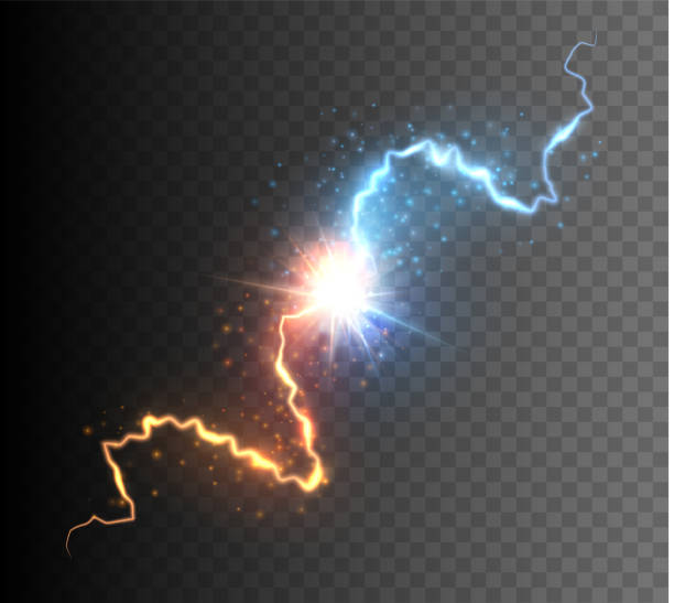 kollision zweier kräfte mit leuchtendem funken. explosion der energie. versus-konzept - thunderstorm stock-grafiken, -clipart, -cartoons und -symbole