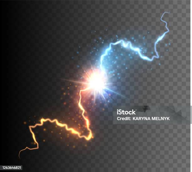 Kollision Zweier Kräfte Mit Leuchtendem Funken Explosion Der Energie Versuskonzept Stock Vektor Art und mehr Bilder von Gewitterblitz