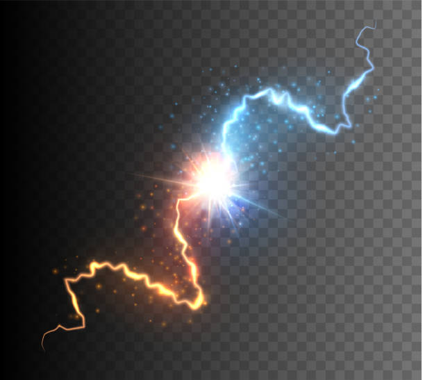 illustrazioni stock, clip art, cartoni animati e icone di tendenza di collisione di due forze con scintilla incandescente. esplosione di energia. versus concept - thunderstorm