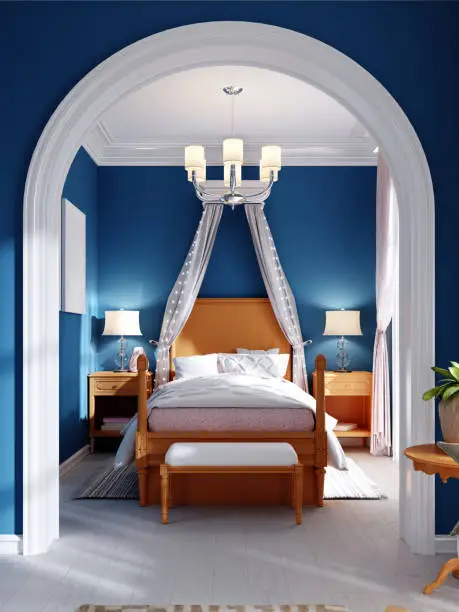 Design of a children's bedroom, four-poster bed, nightstands with table lamps. Blue, orange, white color of the interior. 3D rendering.
