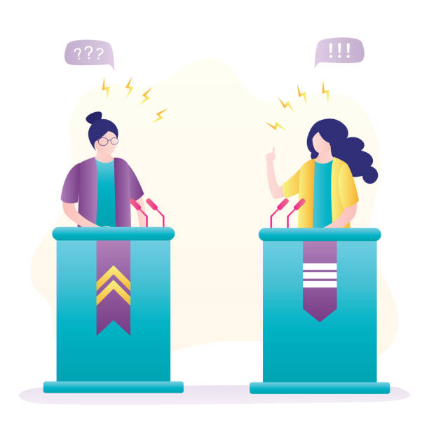 debatte, zwei rednerinnen. politische reden, debatten, rhetorik. politikerinnen sprechen emotional. menschen auf dem podium sprechen - politician women president public speaker stock-grafiken, -clipart, -cartoons und -symbole