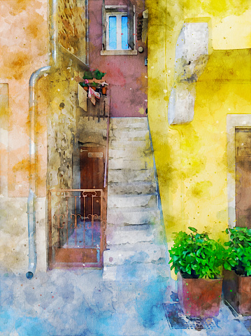 Watercolor painting effect on a photo of famous ancient town Rovinj in Istria, Croatia. Detail of staircase and steps between old multi-colored houses. Watercolor effect on a photography.