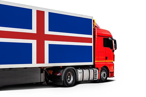 Big  truck with the national flag of  Iceland\n on white isolated background, side view. Concept of export-import,transportation, national delivery of goods
