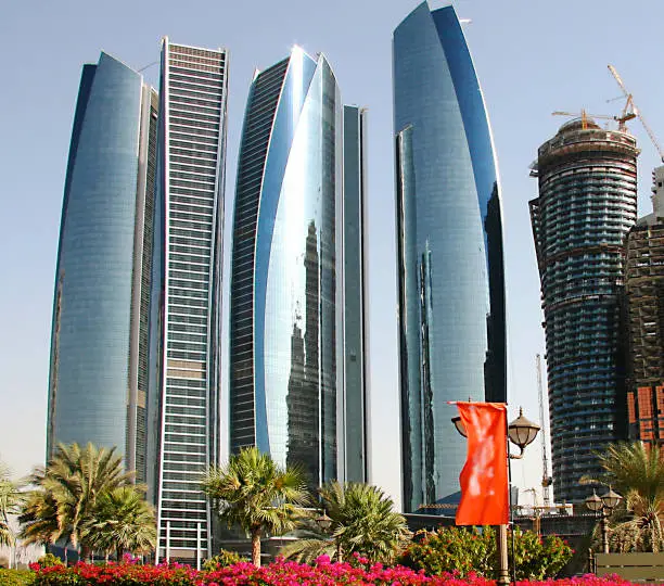 Etihad Towers. Modern buildings on the Corniche street, in Abu Dhabi