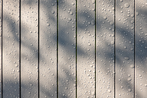 Gray plastic boards are arranged in parallel. Water drops and shadows from tree leaves are visible on the surface. Background. Texture.