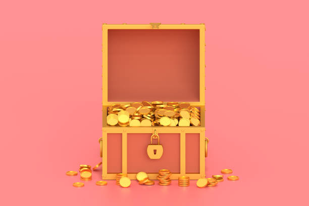 Pieces of Gold in a Treasure Chest Isolated on a White Background