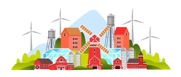 Vector illustration of Organic farm illustration with village houses, mill, barn, wind turbine, green hills.