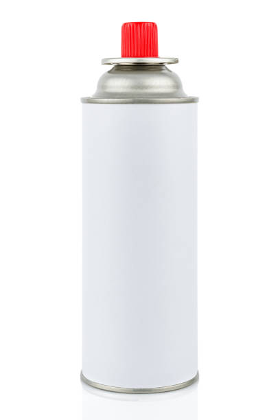 cilindro de gás portátil branco para aparelhos de gás portáteis com tampa vermelha fechada isolada em fundo branco - gas can - fotografias e filmes do acervo