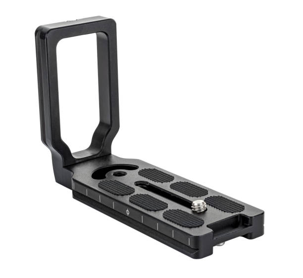 istock DSLR camera L-bracket for vertical and horizontal switching on quick release tripod head. Panoramic shooting equipment 1263658429