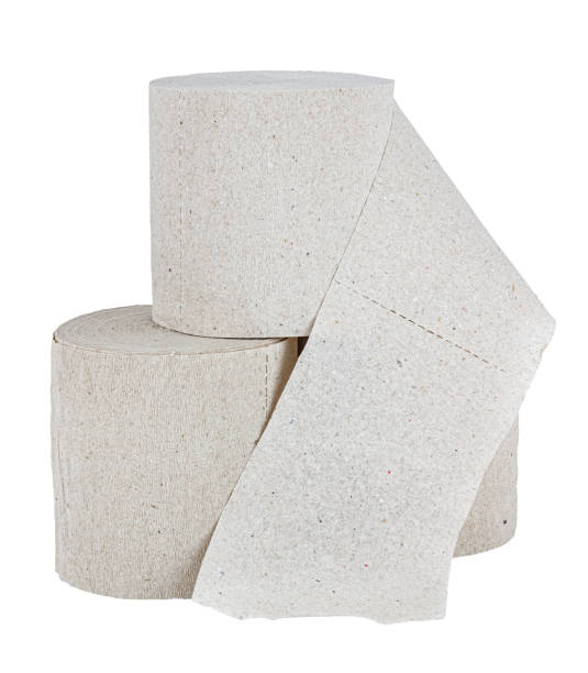 Three rolls of grey toilet paper in pyramid isolated on white background