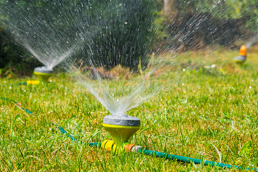 Garden sprinkler spraying lawn on hot summer day