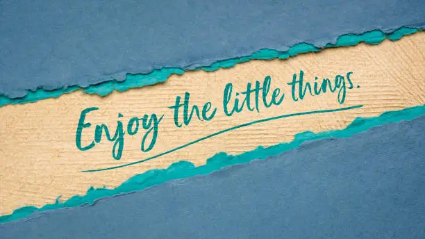 enjoy the little things inspirational banner - handwriting on a handmade paper, mindset, simplicity, joy and happiness concept